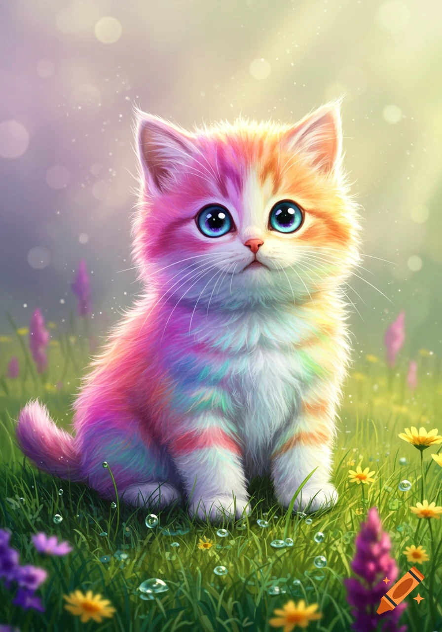 A cute, brightly colored rainbow kitten with large blue eyes sits in a grassy field with dewdrops and wildflowers.