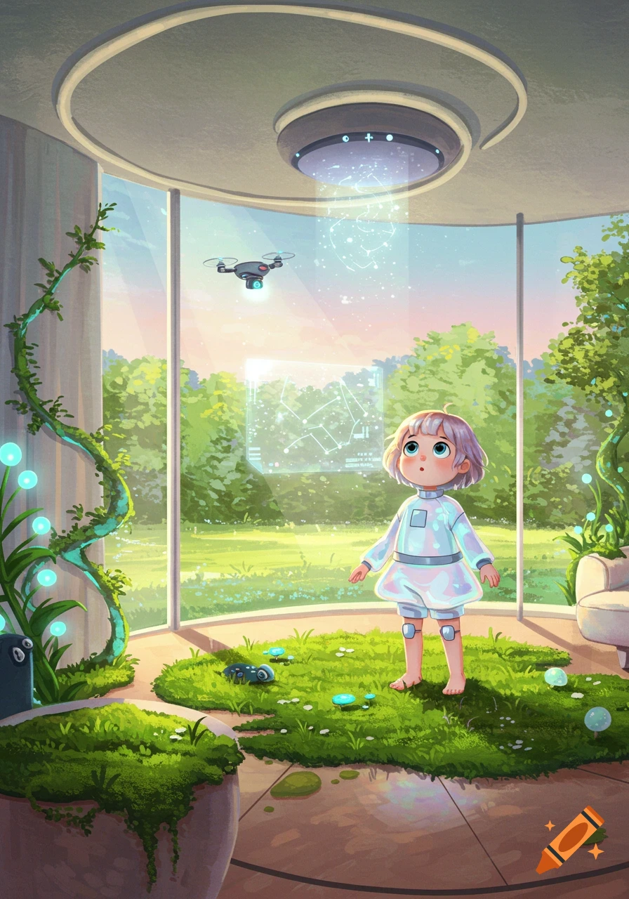 An illustration of a small child in a futuristic room with large windows, looking up at a drone and a holographic constellation display.
