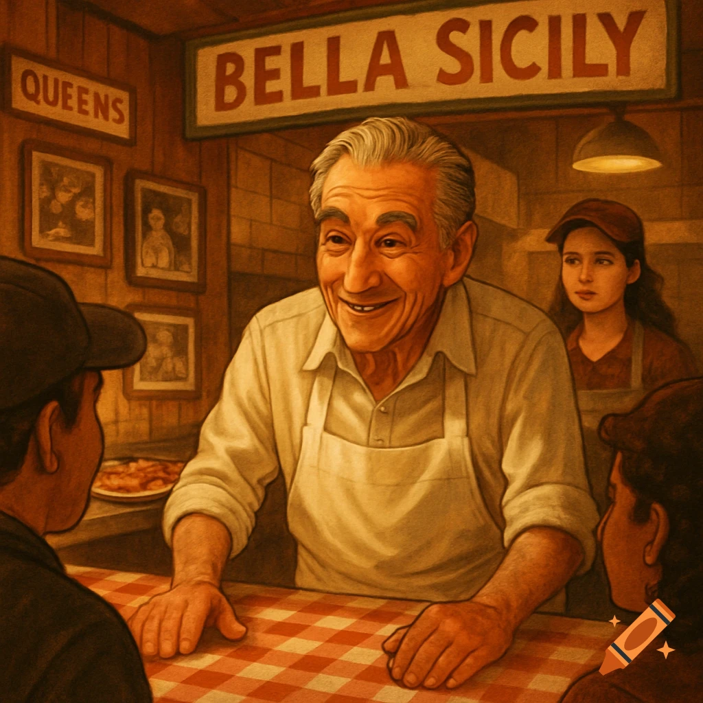 An older man in an apron smiles widely behind a checkered counter at Bella Sicily pizzeria, with a young woman in the background, in a painted style.
