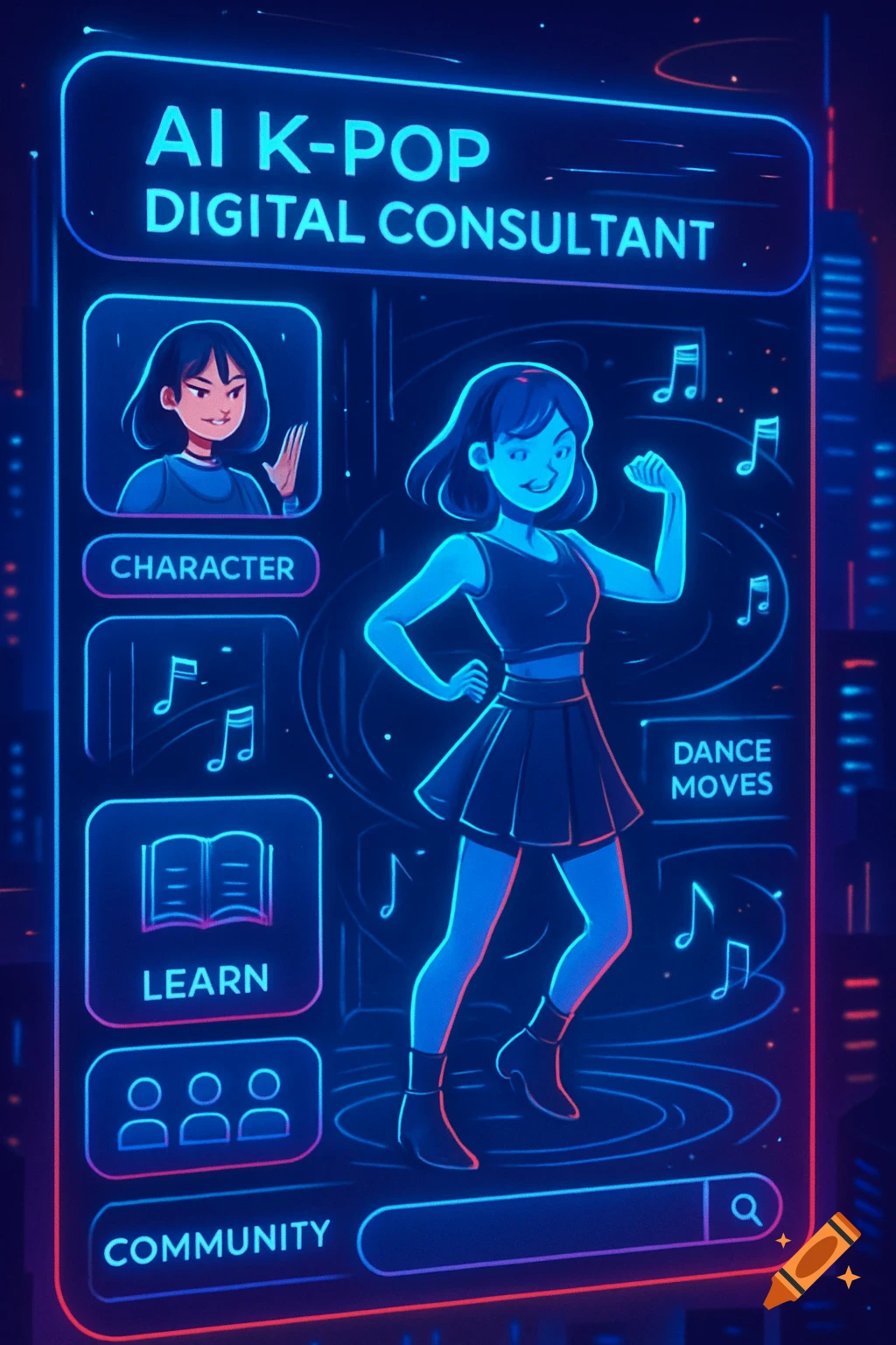 A stylized digital app interface with a neon glow, featuring an anime-style female K-pop dancer and menu options like 'AI K-POP DIGITAL CONSULTANT', 'CHARACTER', 'DANCE MOVES', 'LEARN', and 'COMMUNITY'