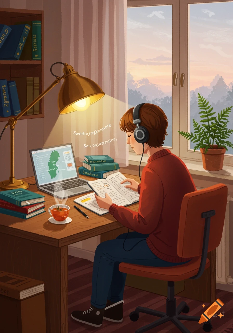 An illustrated person with headphones studies at a desk with a laptop, books, and a cup of tea, bathed in warm light from a lamp and a window at sunset.