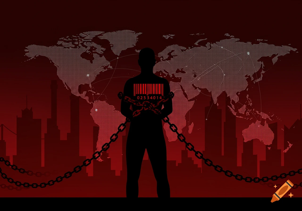 Vector art of a chained person with a barcode, against a city skyline and world map, symbolizing modern slavery.