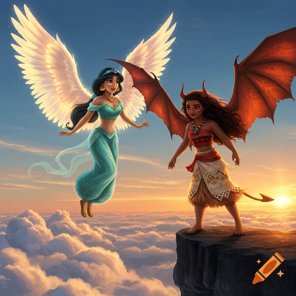 Princess Jasmine as an angel floats above clouds next to Moana as a devil, standing on a cliff edge at sunset.
