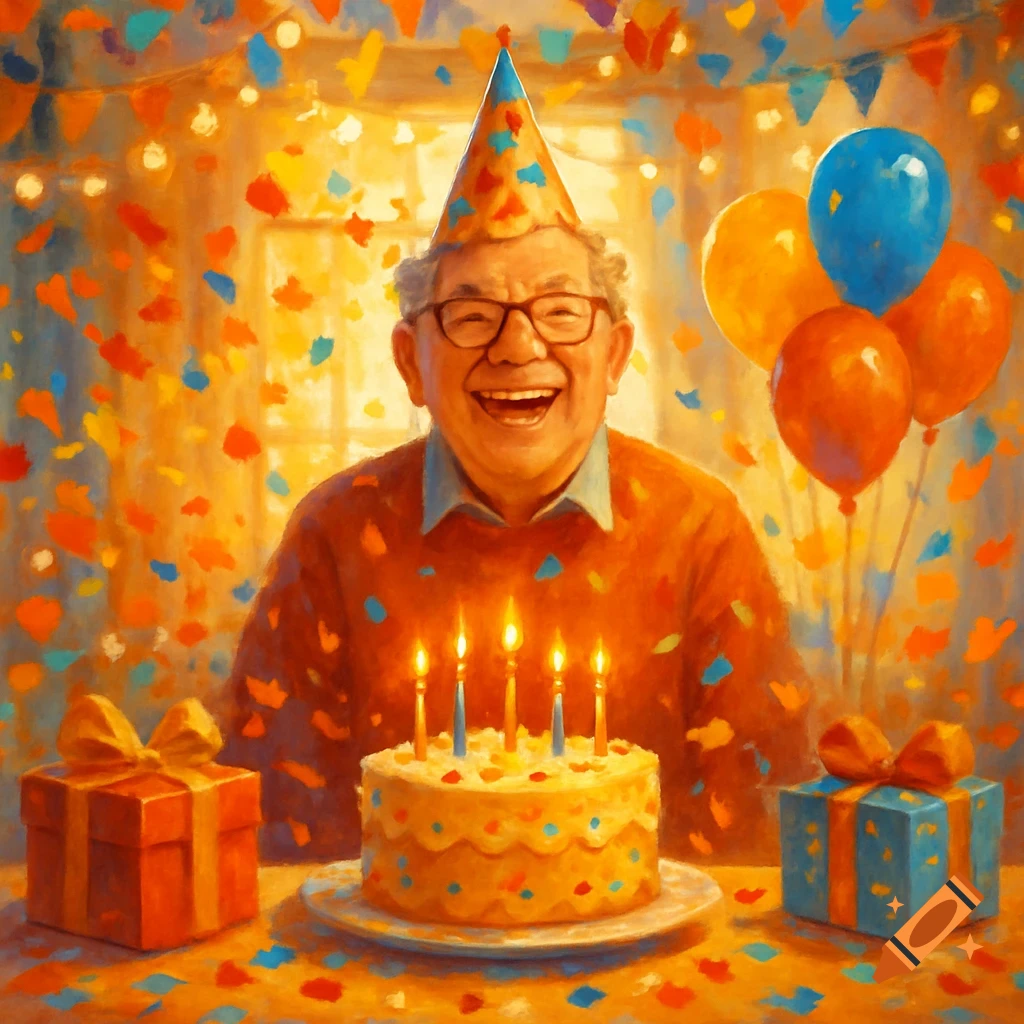 Smiling elderly man in a party hat celebrating his birthday with cake, gifts, balloons, and confetti, painted style.