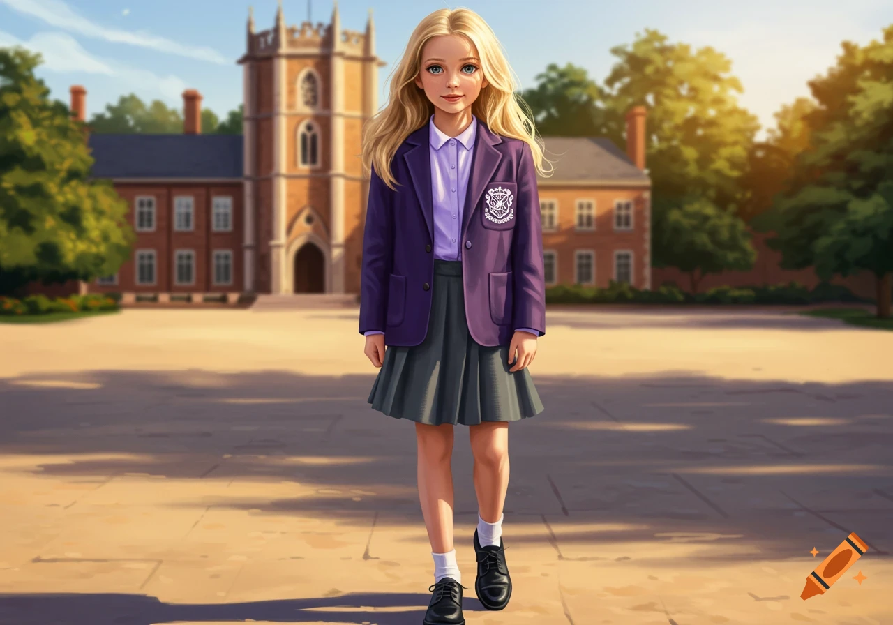 Illustrated blonde girl in a purple blazer, grey pleated skirt, and white socks standing in front of a large brick school building on a sunny day.