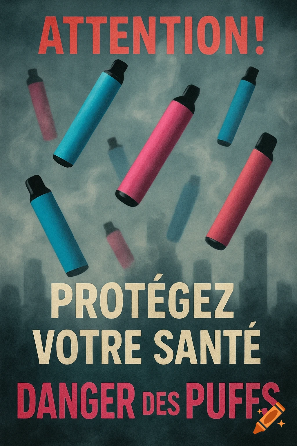 A dark poster with pink and blue vape pens floating in smoke above a city, warning in French: 'ATTENTION! PROTEGEZ VOTRE SANTE DANGER DES PUFFS'.