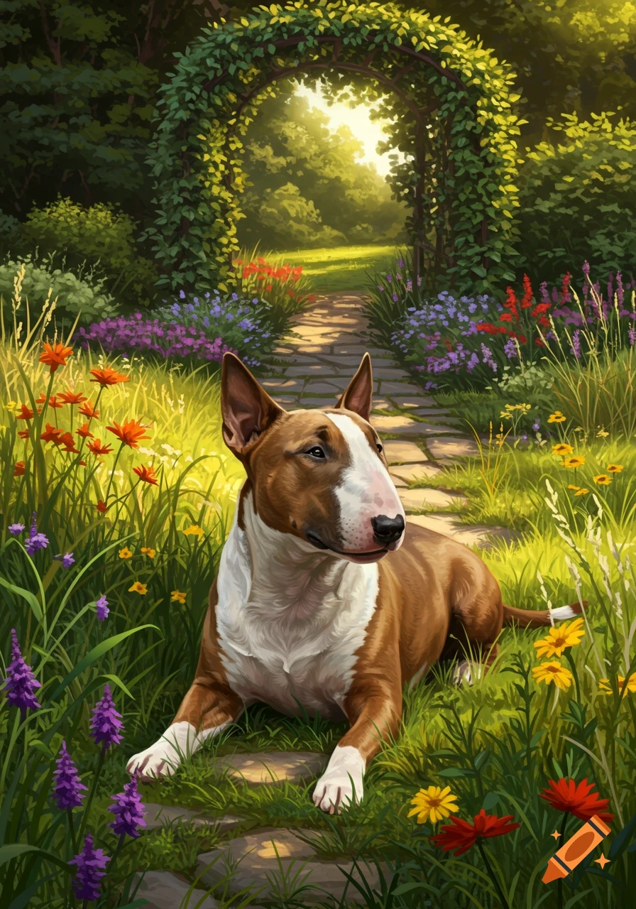A brown and white Bull Terrier dog lies in a vibrant, sunlit garden path with colorful flowers and a green archway, in a painterly style.