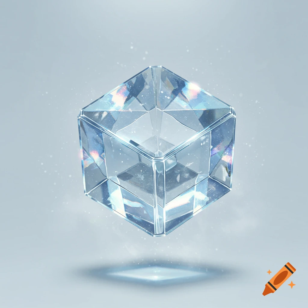 A faceted, iridescent glass cube floating and casting a faint reflection in a light blue, ethereal space.