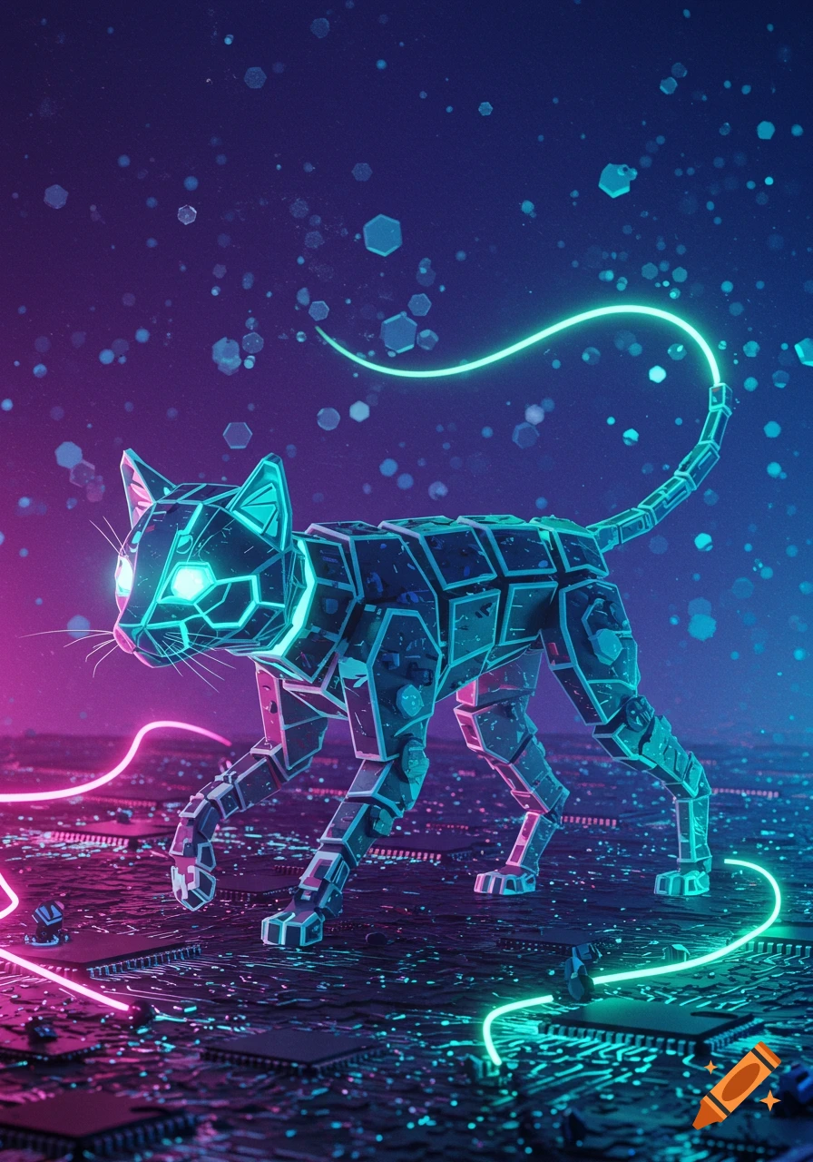 A neon glowing robotic cat walks across a circuit board against a purple and blue futuristic background.
