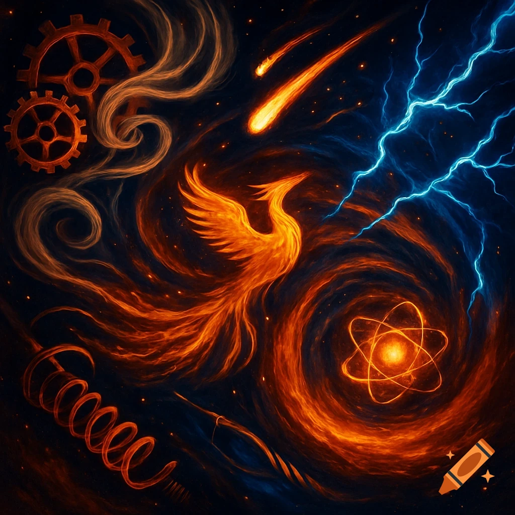 A vibrant, cosmic artwork featuring a fiery phoenix, gears, a lightning bolt, a comet, an atom, and a spring coil amidst swirling orange and blue nebulae.