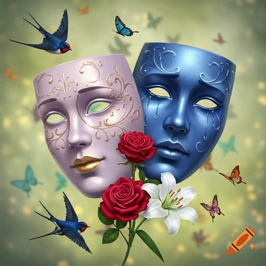 An ornate lavender mask smiling next to a blue crying mask, surrounded by red roses, a white lily, swallows, and butterflies on a green background.