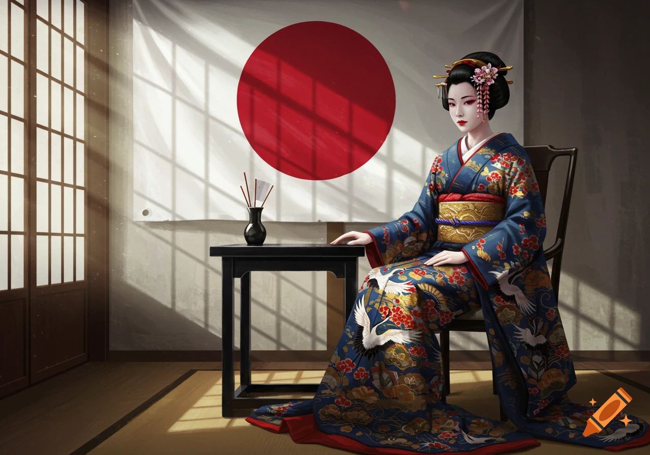 A Japanese woman in an ornate blue kimono sits in a traditional room with a Japanese flag on the wall.