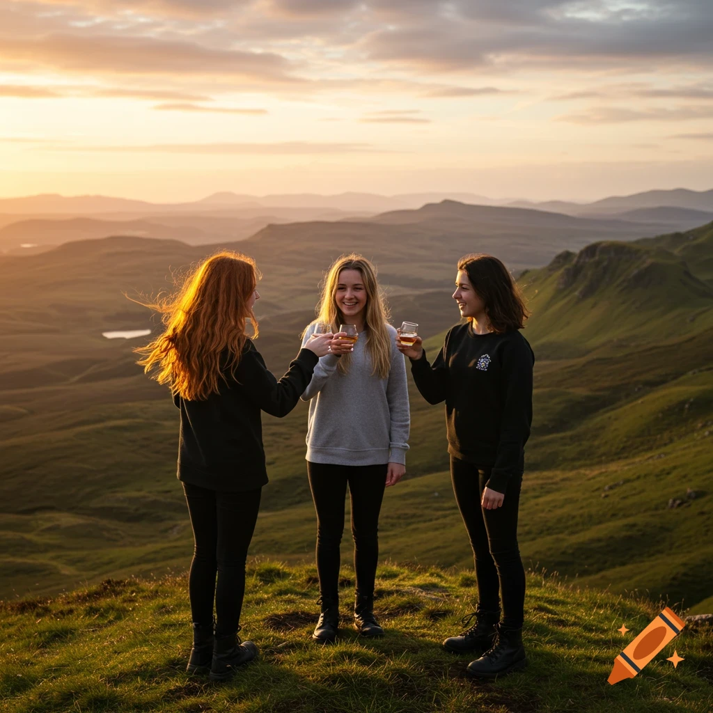 Three young women toast with drinks on a grassy mountain peak at sunset, overlooking a vast, misty landscape.