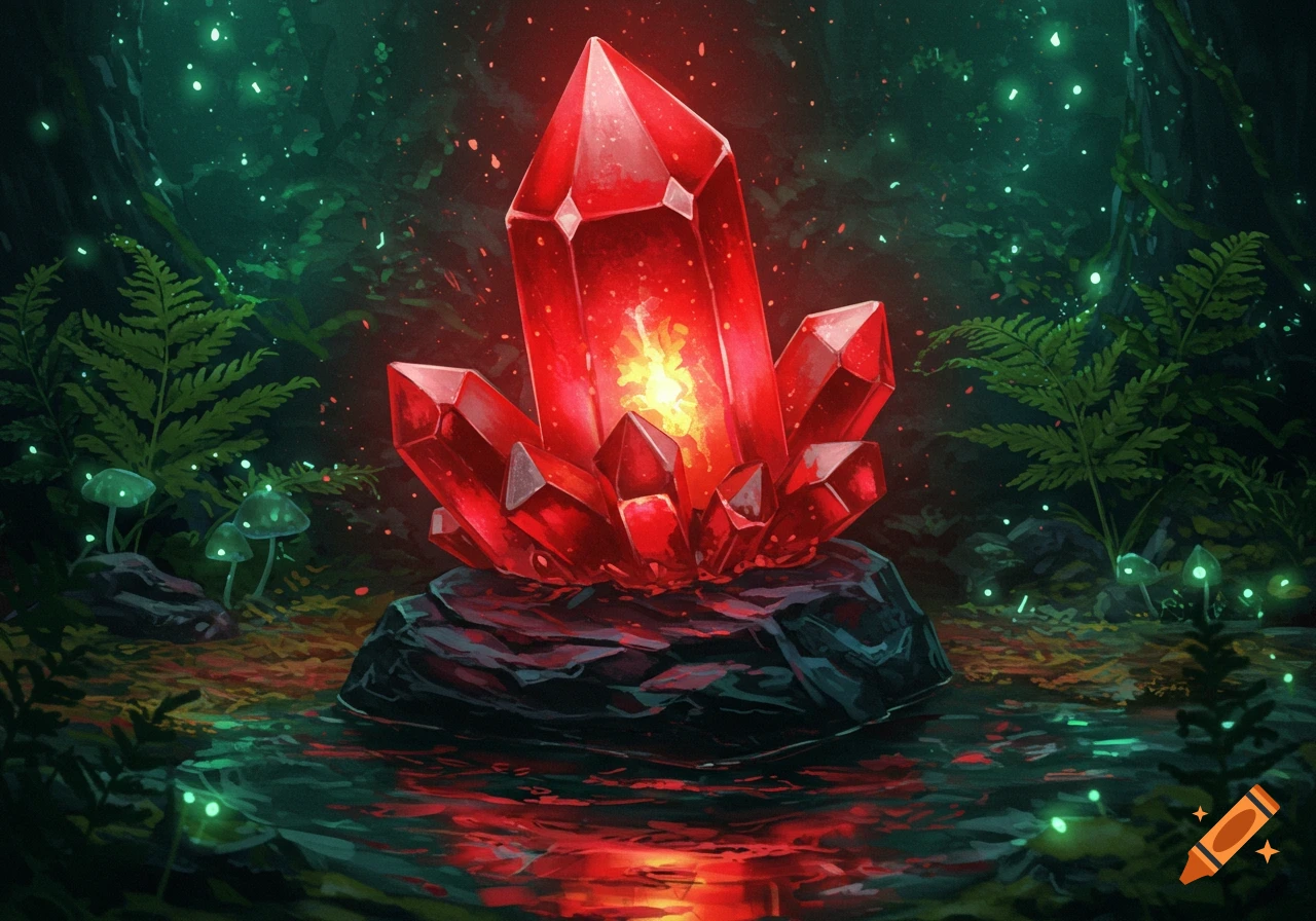 A large, glowing red crystal cluster sits on a dark rock in a mystical, dark forest with luminescent green plants and shimmering water.