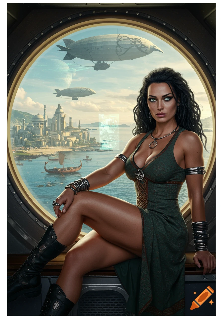 A woman with dark hair sits by a dirigible porthole, gazing at a futuristic city, airships, and ancient-inspired architecture.