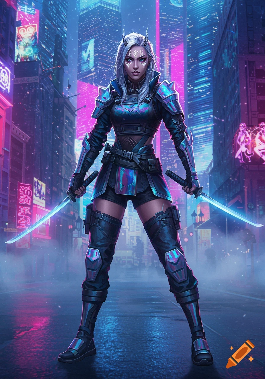 A full-body shot of a white-haired female demon hunter in glowing blue and purple armor, holding two katanas, standing in a neon-lit cyberpunk city at night.