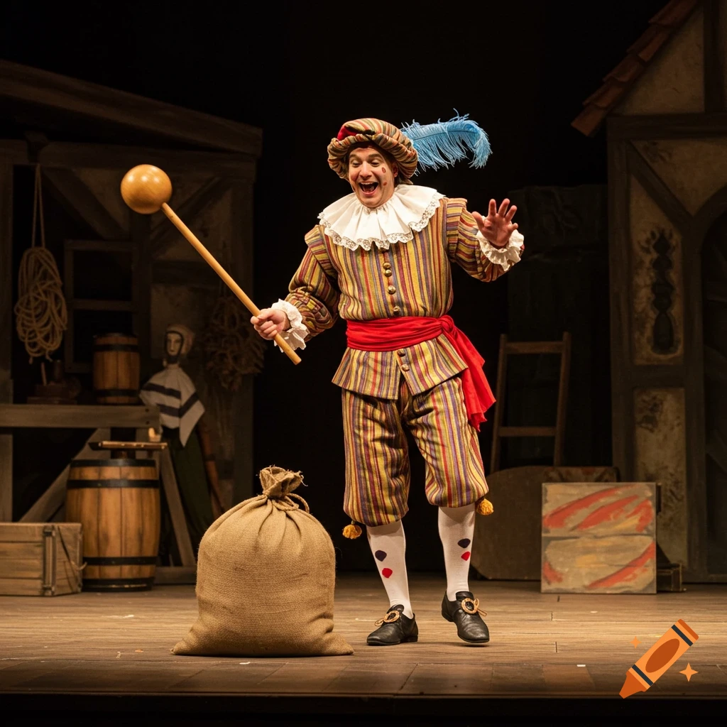 A man in a colorful striped Scapin costume with a ruffled collar and plumed hat stands on a stage holding a stick, next to a burlap sack.