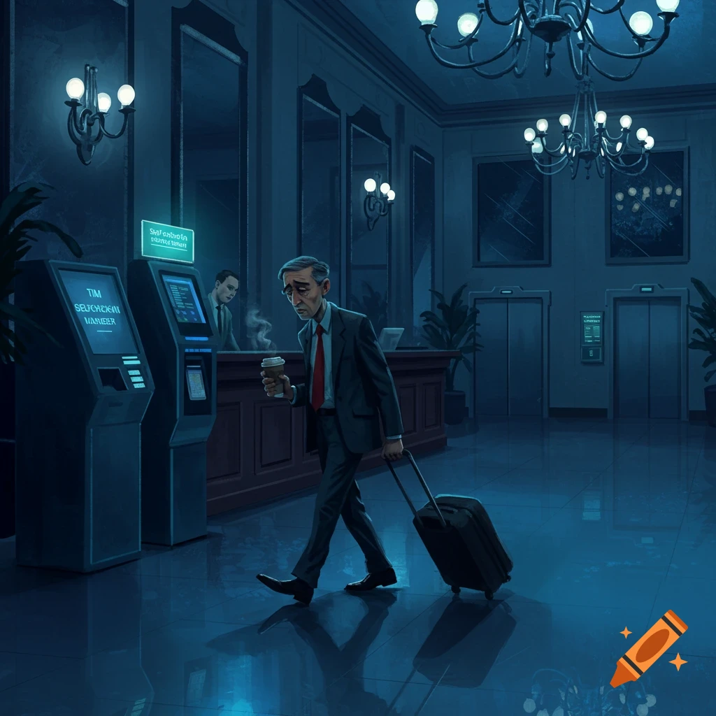 Tired man pulling a suitcase and holding coffee in a dark hotel lobby with self-check-in kiosks, in an illustration style.