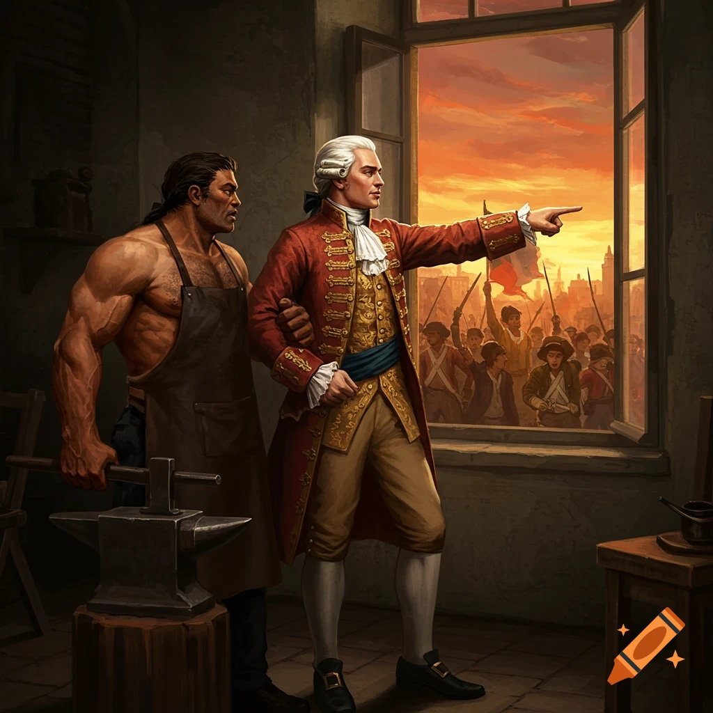A muscular blacksmith and an 18th-century nobleman in a workshop look out a window at a revolutionary crowd in a city at sunset.