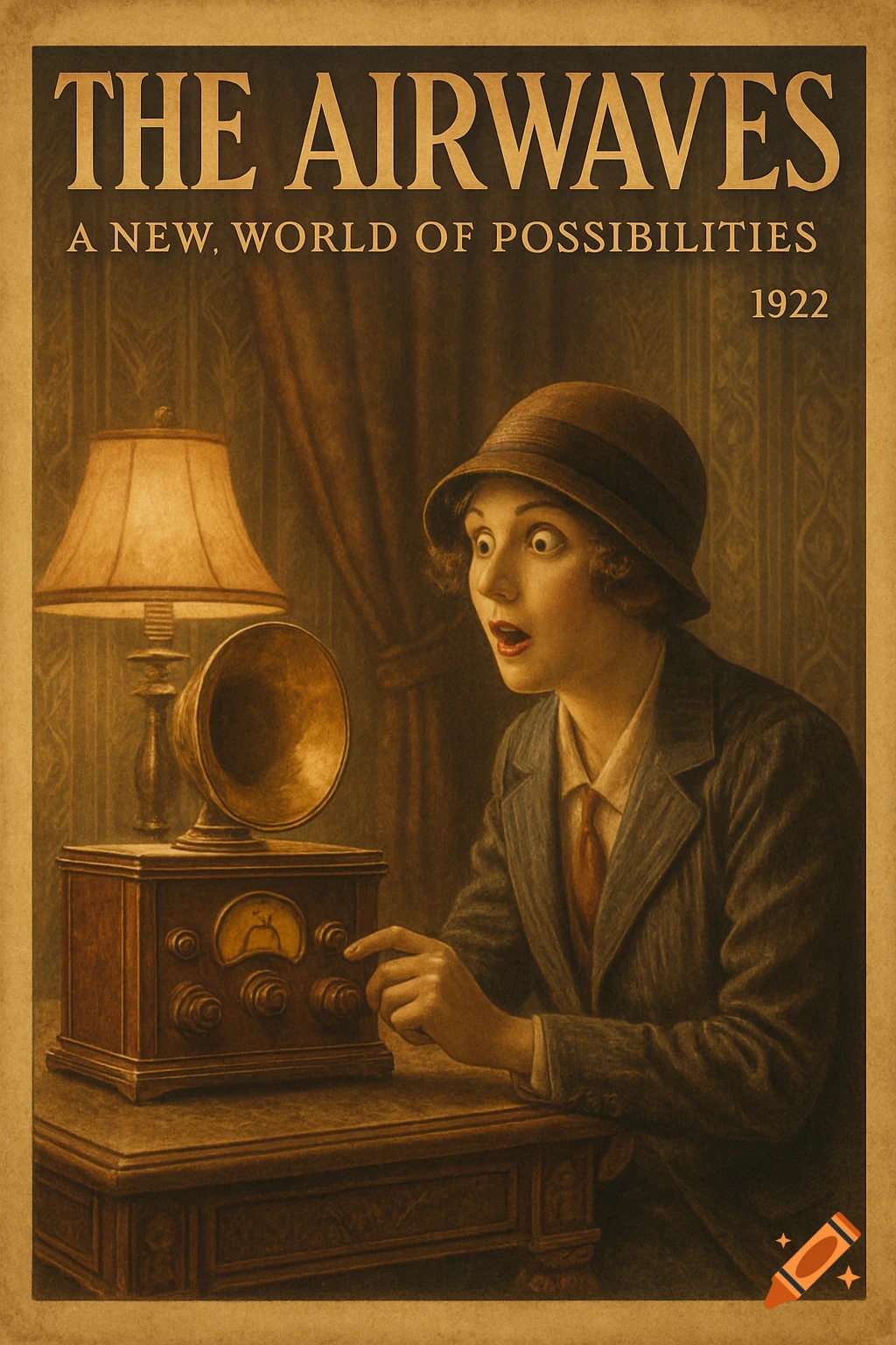 Vintage poster of a surprised woman in a cloche hat tuning a 1920s radio. Text: 'THE AIRWAVES, A NEW, WORLD OF POSSIBILITIES, 1922'.