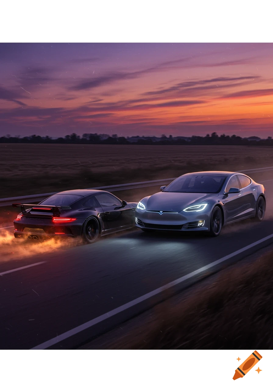A black Porsche and a silver Tesla race on a highway at sunset, the Porsche emitting orange exhaust fumes.