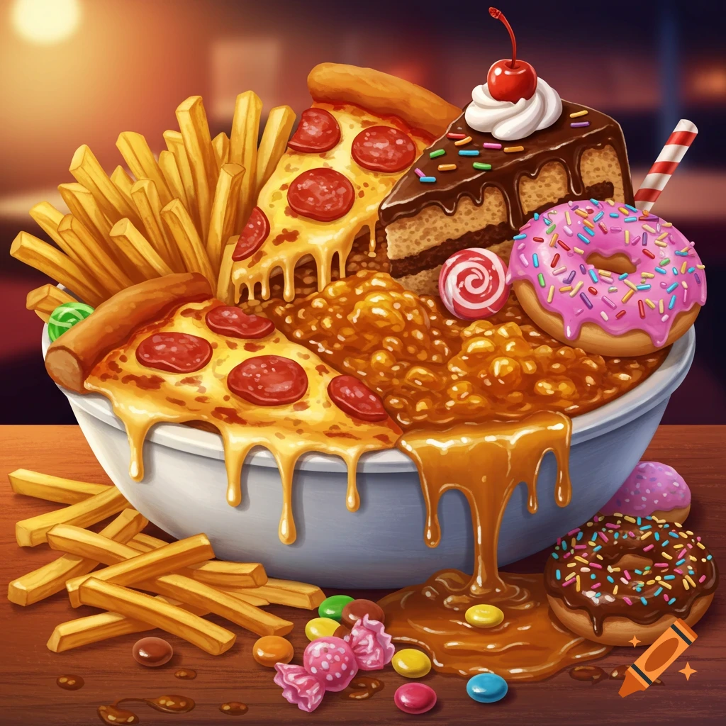 A cartoon illustration of a large bowl filled with unhealthy foods: pizza, french fries, cake, donuts, and candies, with caramel on a wooden table.