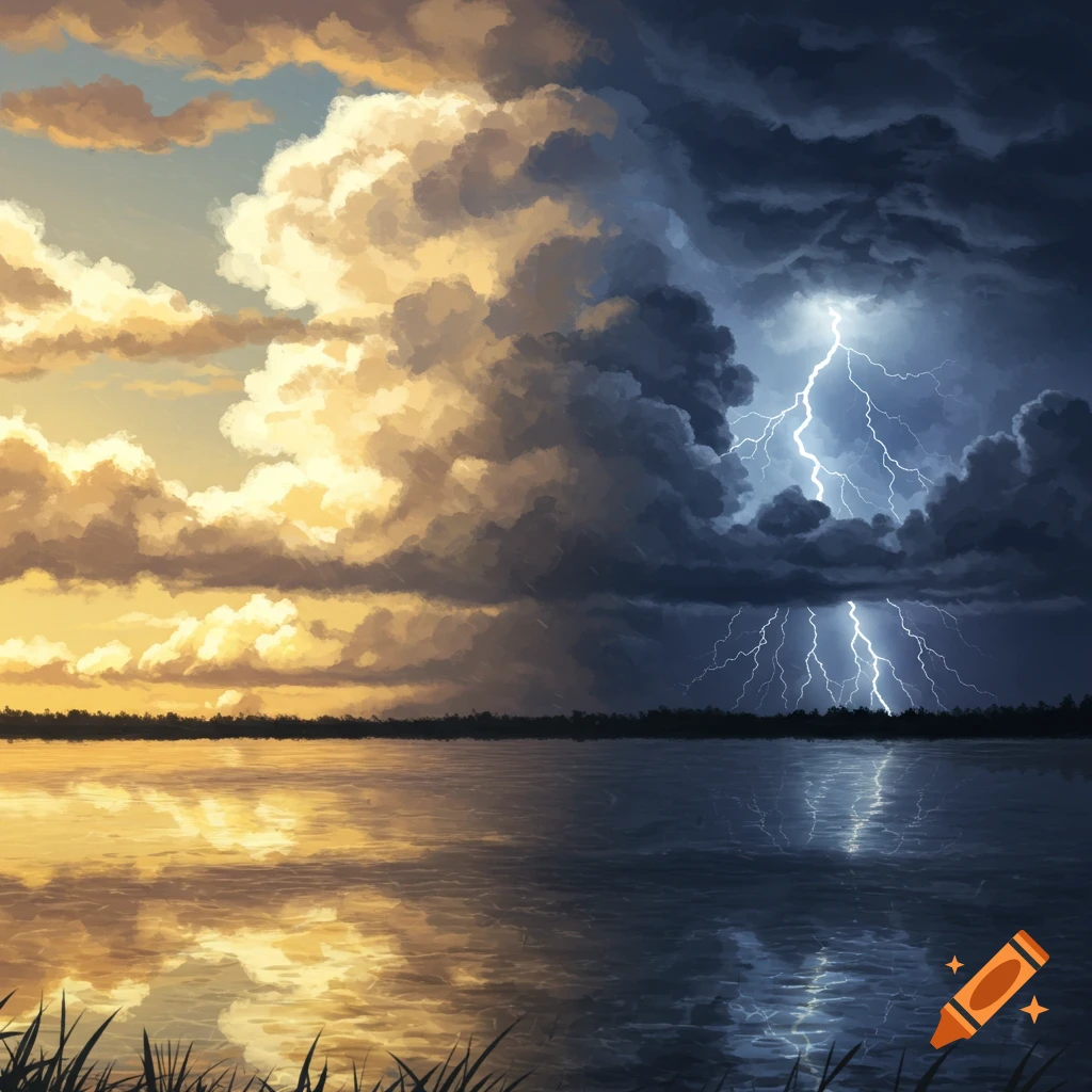 Painting of a lake reflecting a dramatic sky, half golden sunny clouds, half dark storm clouds with lightning.