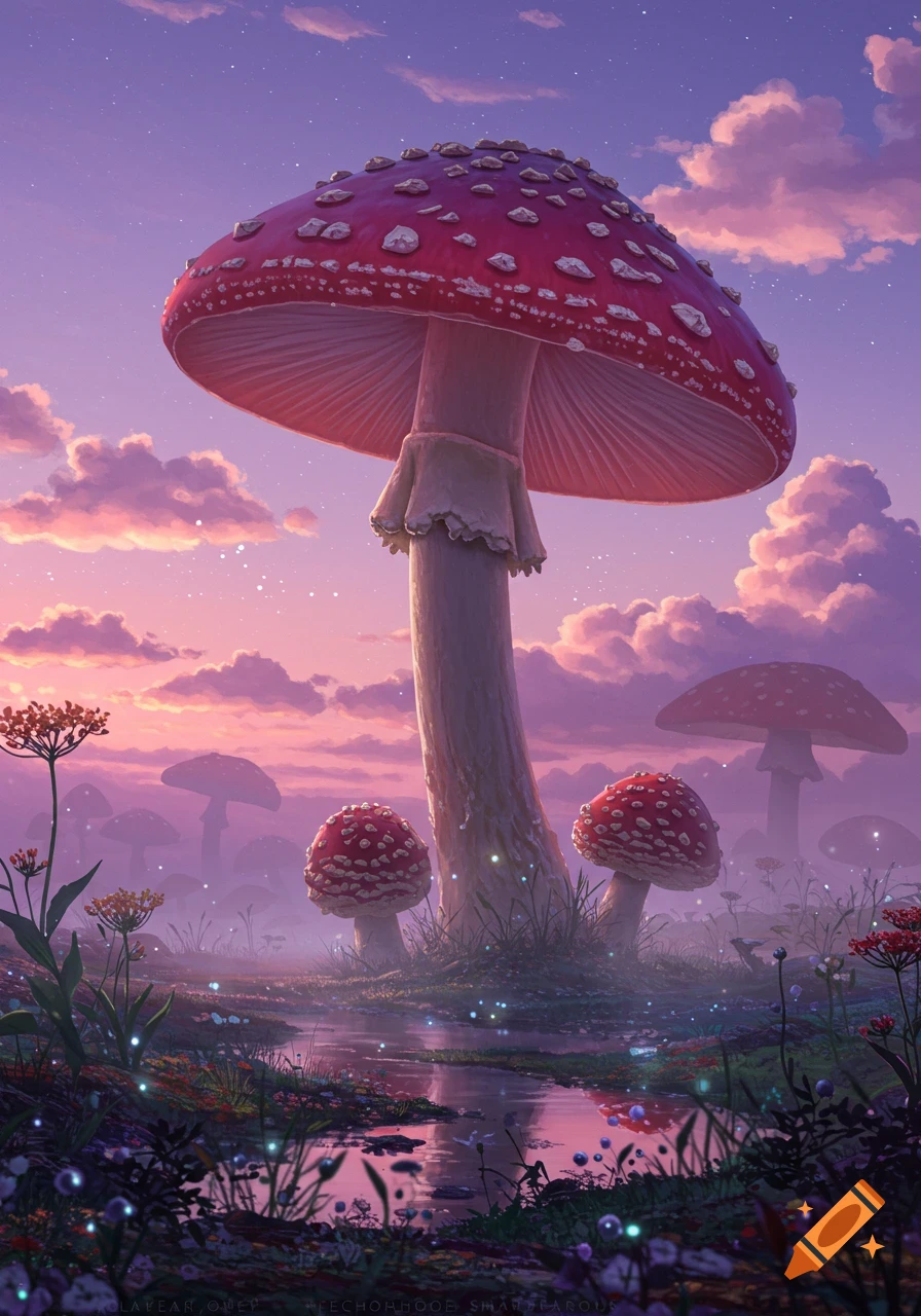 A vibrant fantasy landscape at sunset with giant red-capped mushrooms, glowing plants, and a shimmering stream under a purple and pink sky.