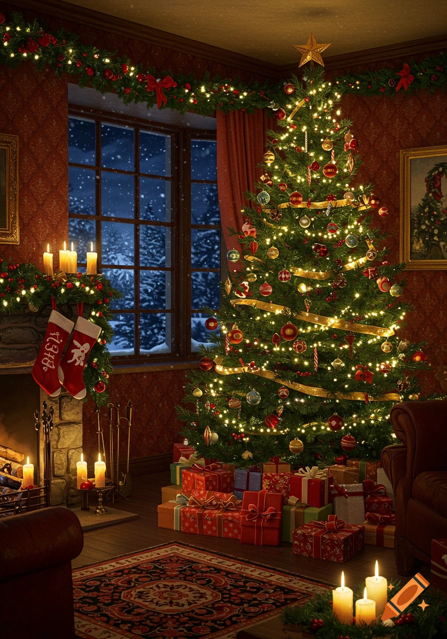 A cozy room with a brightly lit Christmas tree, wrapped presents, a fireplace with stockings, and candles, with snow falling outside a window.