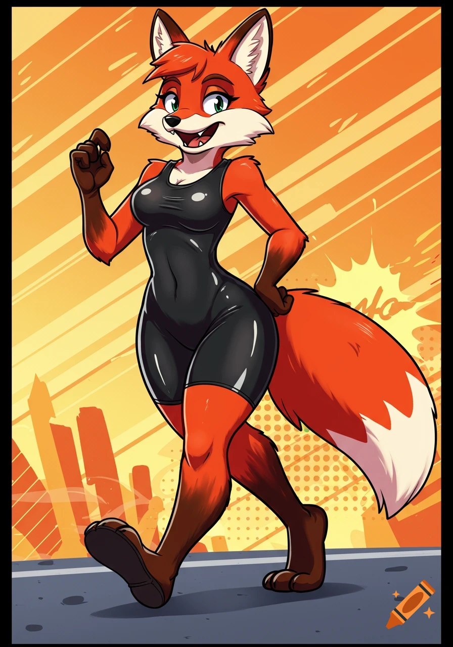 A confident cartoon anthropomorphic red vixen in black spandex bike shorts strides against an orange city background.