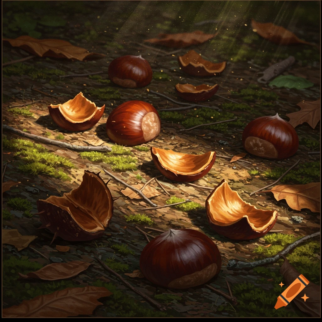 Whole and broken chestnuts scattered on a mossy, leafy forest floor bathed in sunlight, photorealistic style.