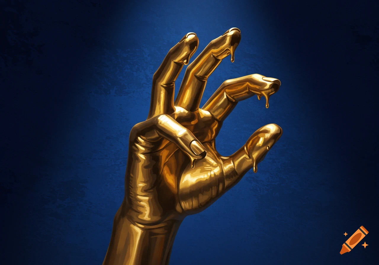 A golden hand, with fingers curled, drips with gold liquid against a dark blue textured background.