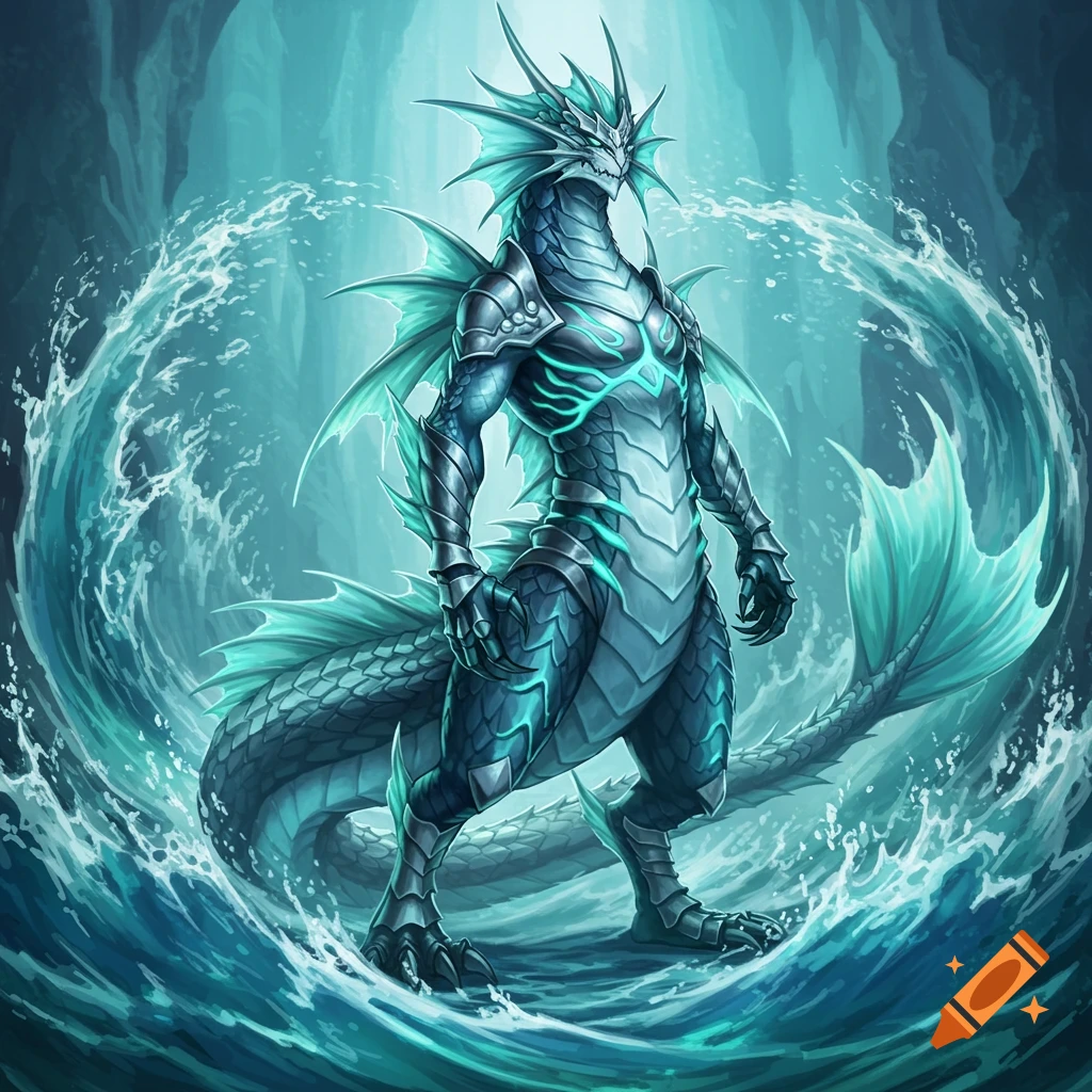 A majestic aqua and teal water reptile monster with ornate fins, glowing markings, and armor, standing confidently amidst swirling magical water.
