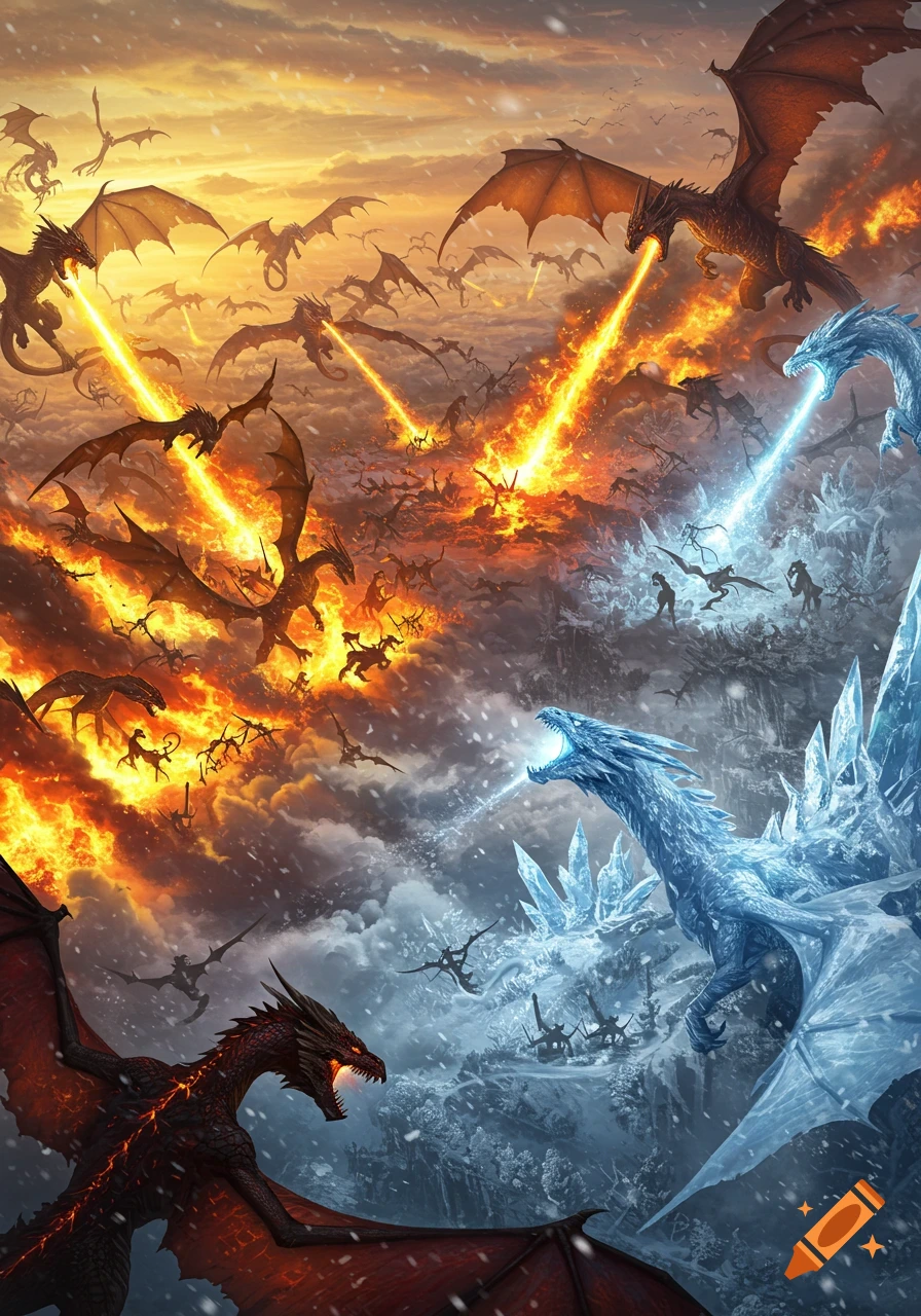 Epic fantasy art of fire dragons battling ice dragons in a snowy, cloudy sky, breathing fire and ice.