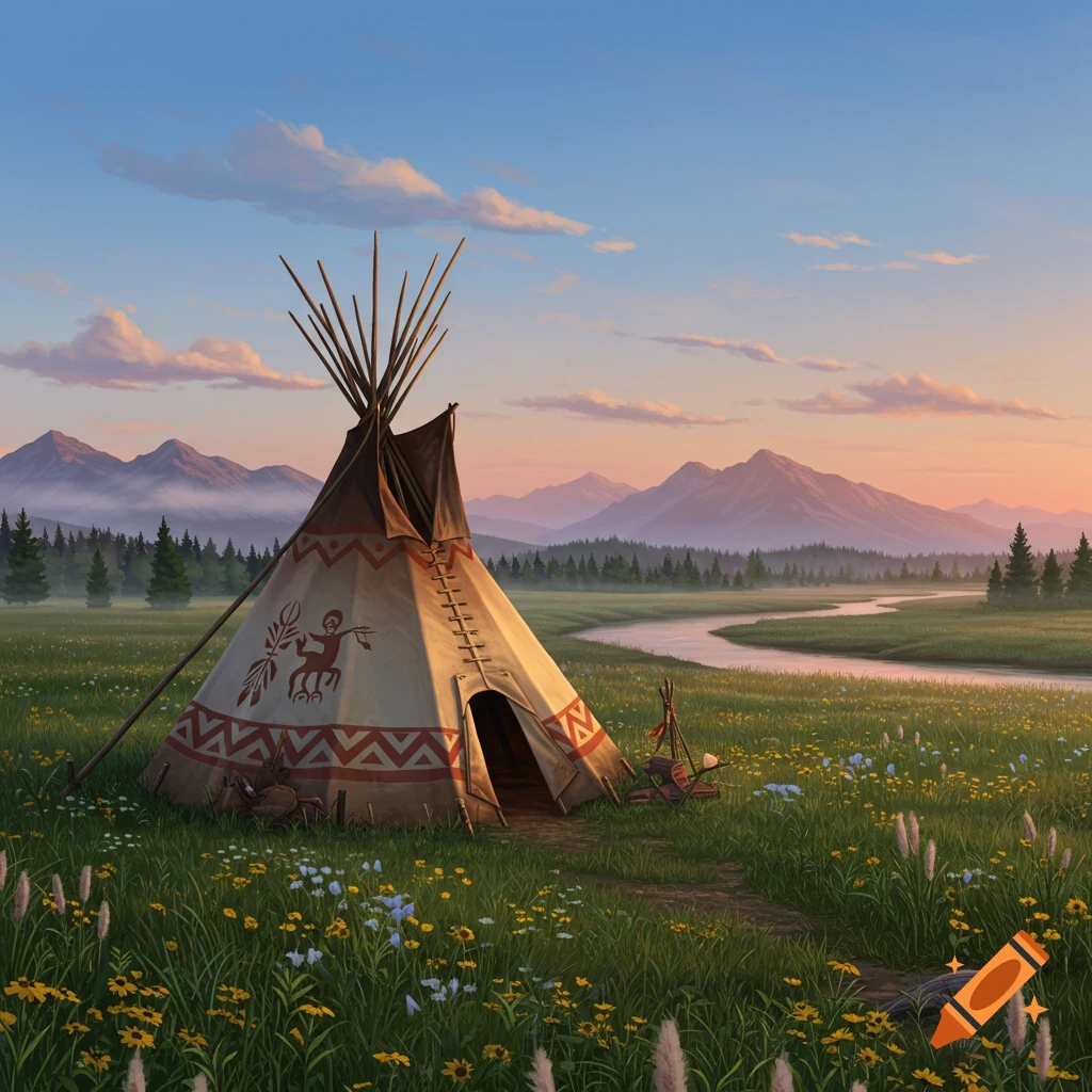 A decorated teepee stands in a wildflower meadow beside a winding river, with mountains and a sunset sky in the background.