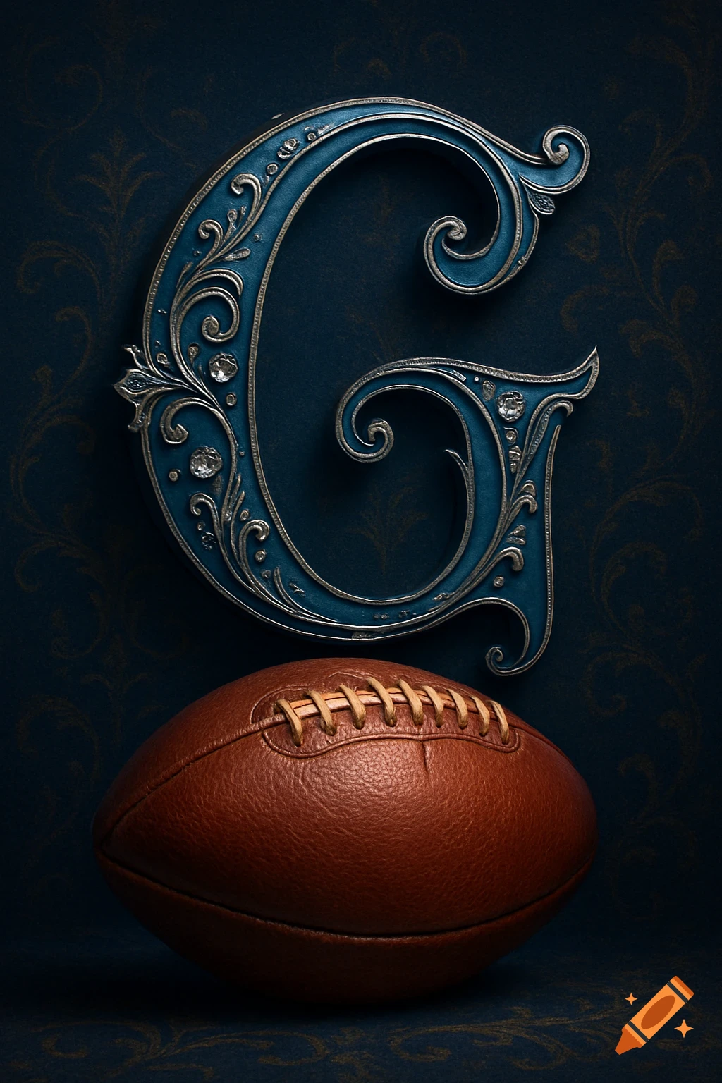 A fancy blue, ornate letter 'G' decorated with silver filigree and diamonds, placed above a brown leather American football on a dark blue patterned background.