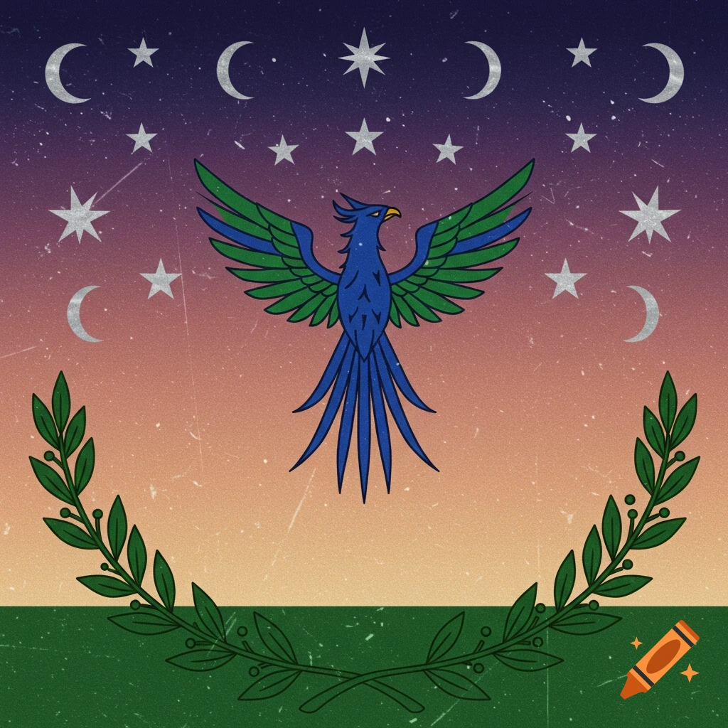 A stylized blue and green phoenix bird with outstretched wings under a purple and orange gradient sky with stars and moons, above a green field with a laurel wreath.