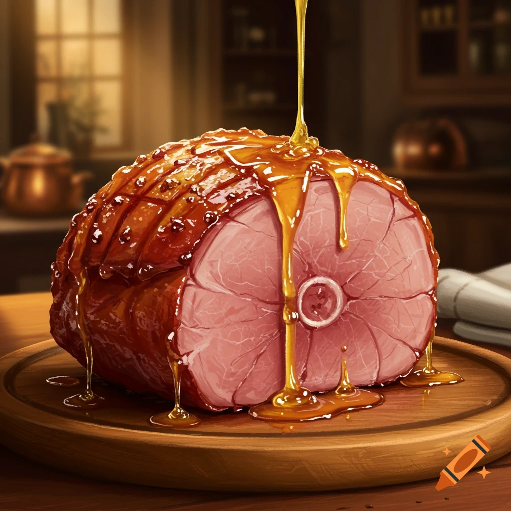 A close-up, art-style image of a glazed ham on a wooden cutting board, with golden honey dripping over its surface.