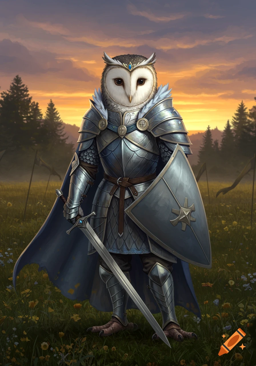 Regal owl knight in shining silver and blue armor with a feathered cloak, holding a sword and shield in a flower-filled meadow at sunset.