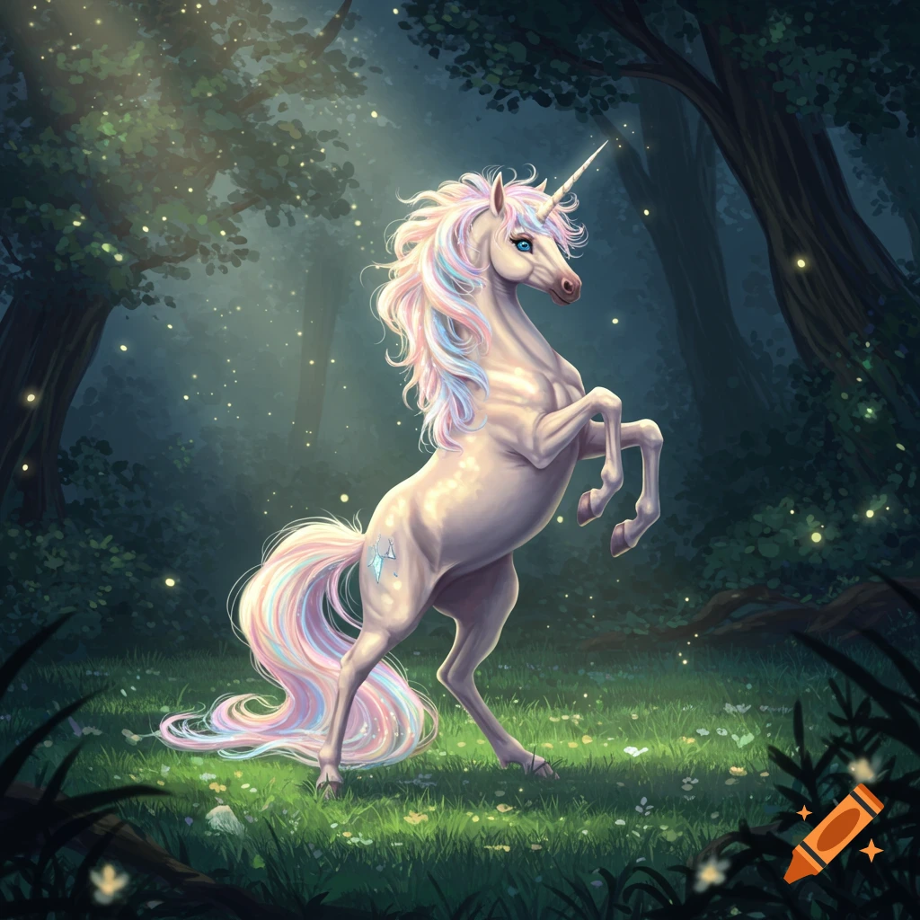A majestic unicorn with a rainbow mane and tail rears up in a magical, sunlit forest, surrounded by glowing fireflies.