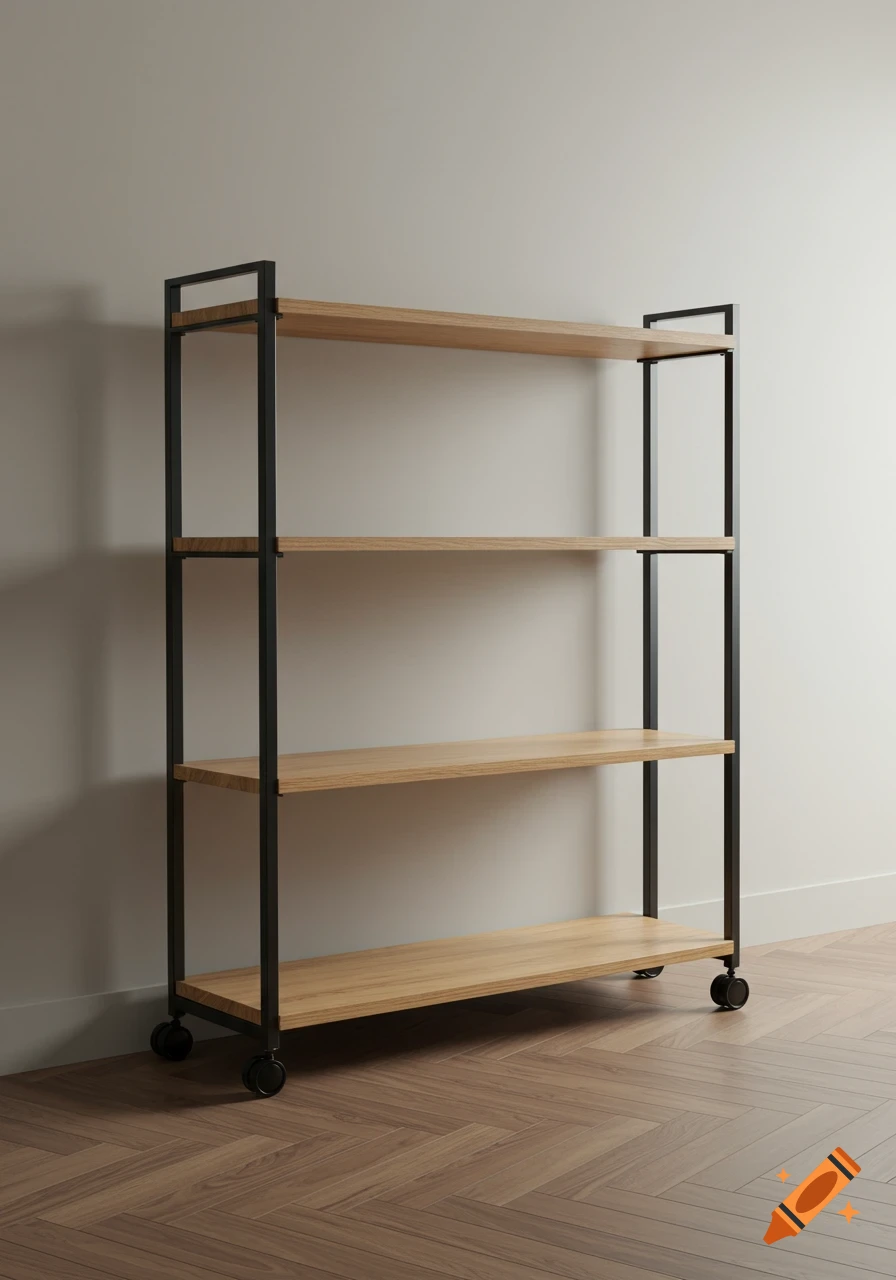 A modern, light wooden bookshelf with a black metal frame and four shelves, standing on wheels on a herringbone wood floor against a neutral wall.
