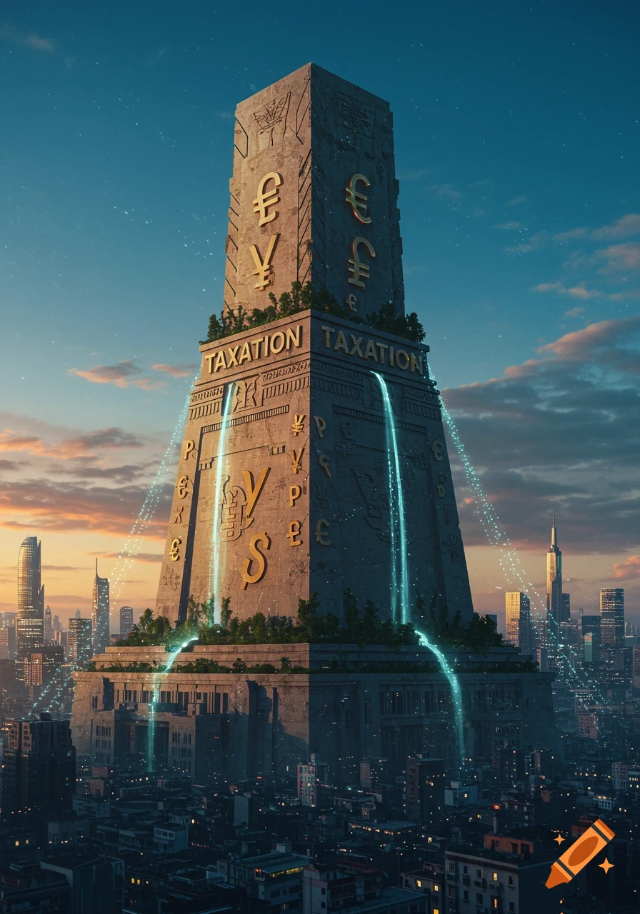 A giant stone monument featuring currency symbols and 'TAXATION', with glowing blue data streams flowing into a futuristic city at sunset.