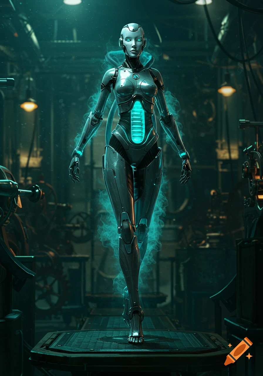 Full body view of a sleek, glowing female robot standing in a dark, industrial workshop.