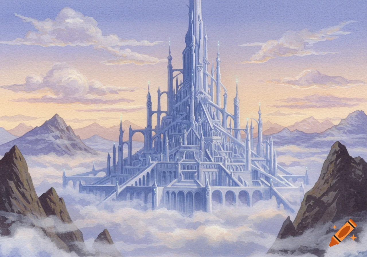 A watercolor painting of a grand, spired white fantasy city, Urithiru, emerging from clouds amidst mountains under a serene sky.