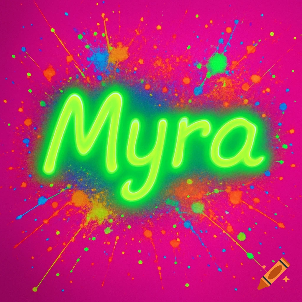 Neon green 'Myra' text with a glowing effect on a vibrant pink background with colorful paint splatters.