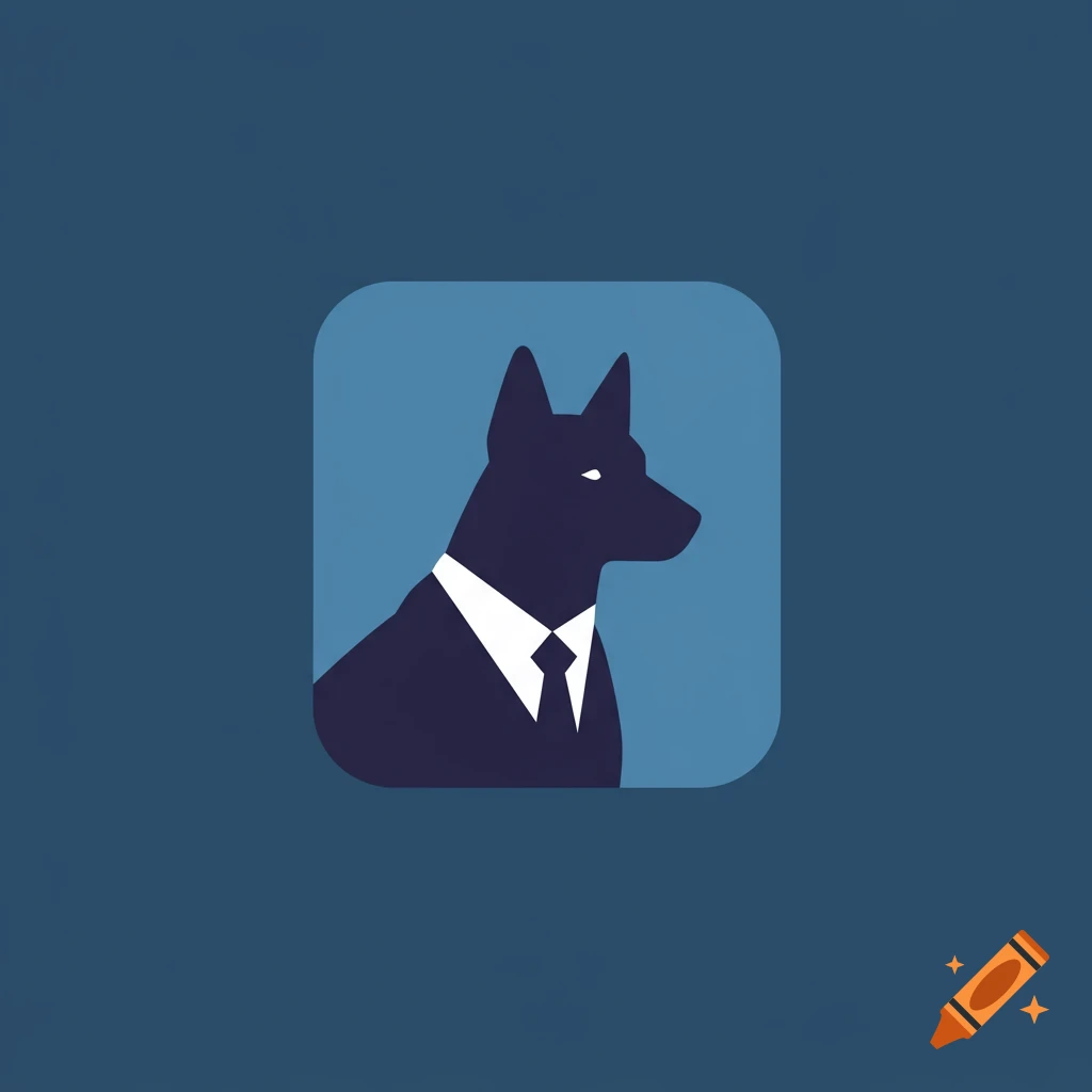 A dark blue, stylized dog in a white shirt and tie, depicted as an app icon on a lighter blue rounded square.