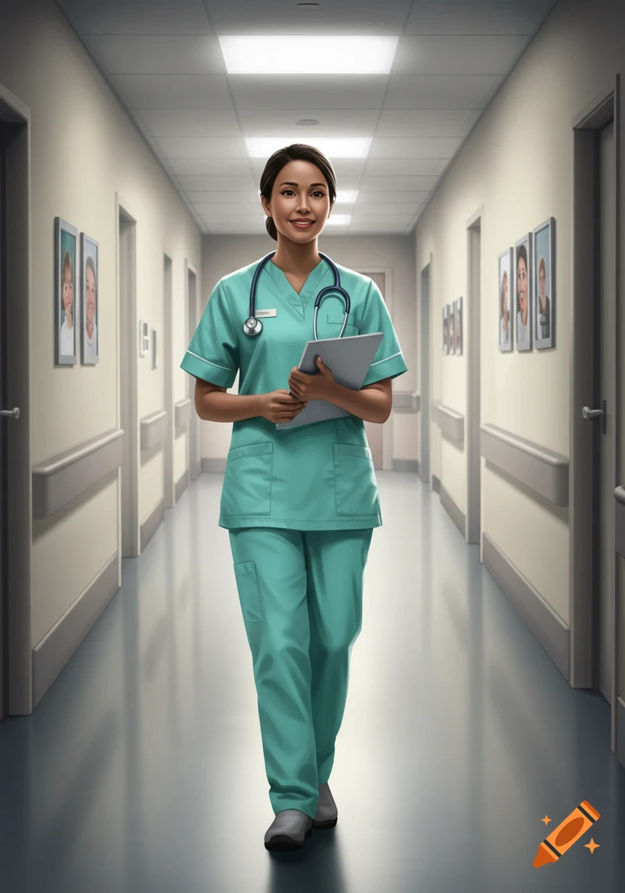 A smiling female nurse in teal scrubs and a stethoscope walks down a hospital hallway, holding a clipboard.