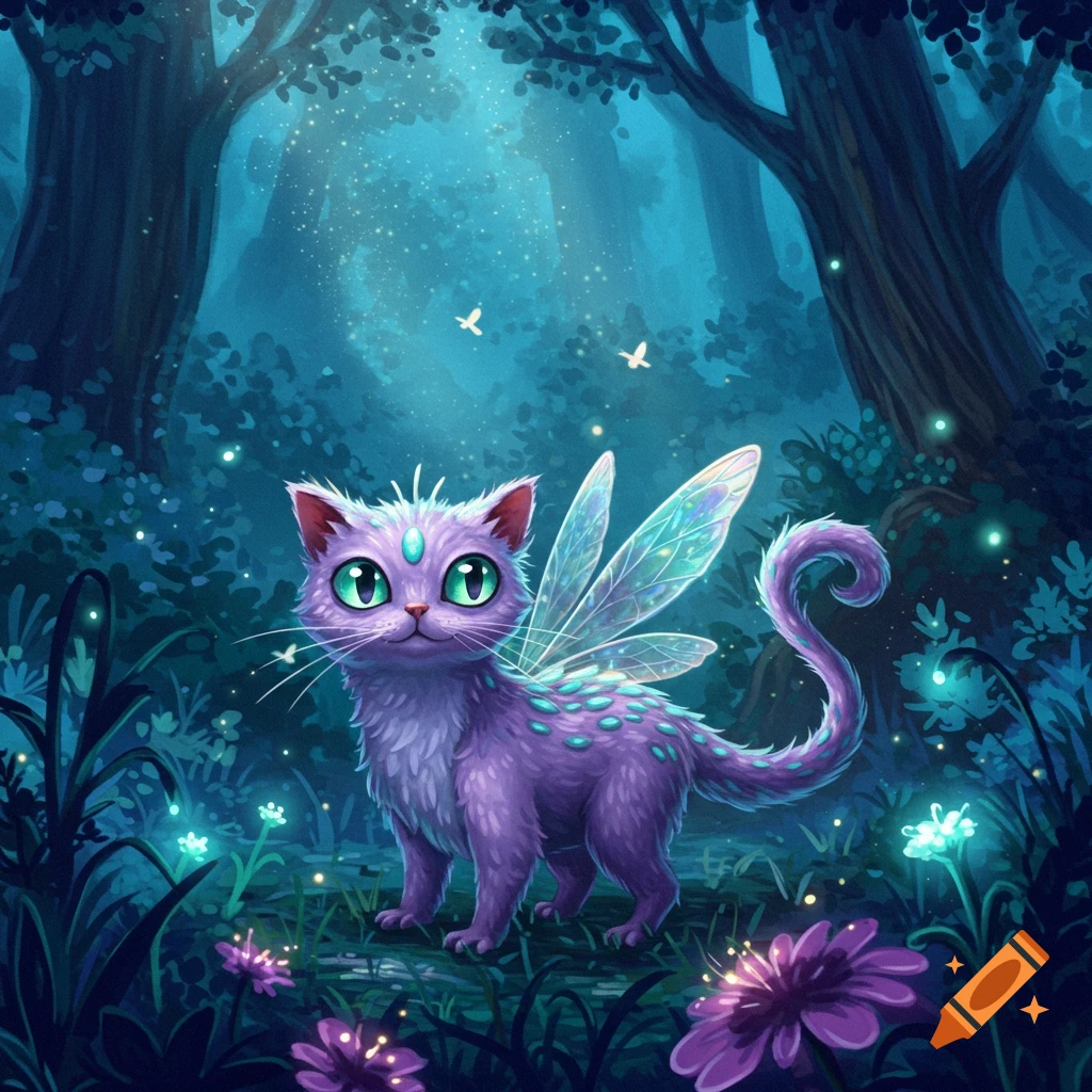 A whimsical purple fairy cat with large green eyes and iridescent wings stands in a glowing magical forest.