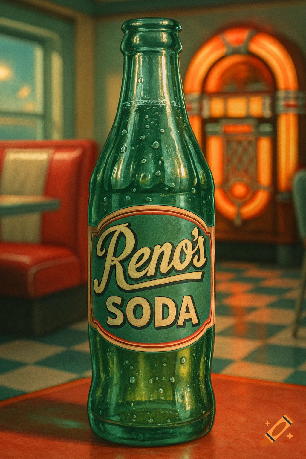 A retro-style green soda bottle with a 'Reno's SODA' label on a red table in a diner, with a jukebox in the background.