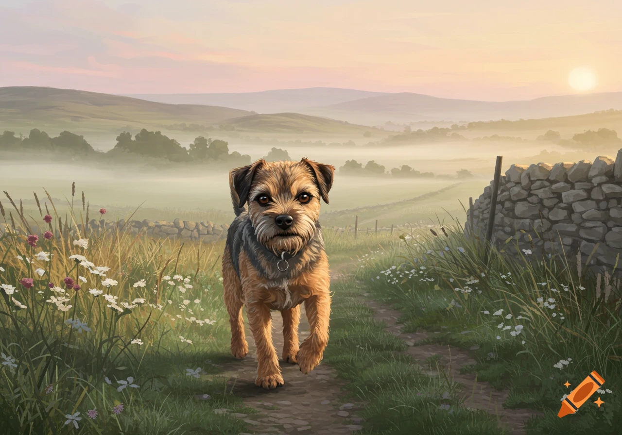 A cute Border Terrier dog walks on a dirt path through a misty green landscape with hills, a stone wall, and wildflowers at sunrise, in a painted style.